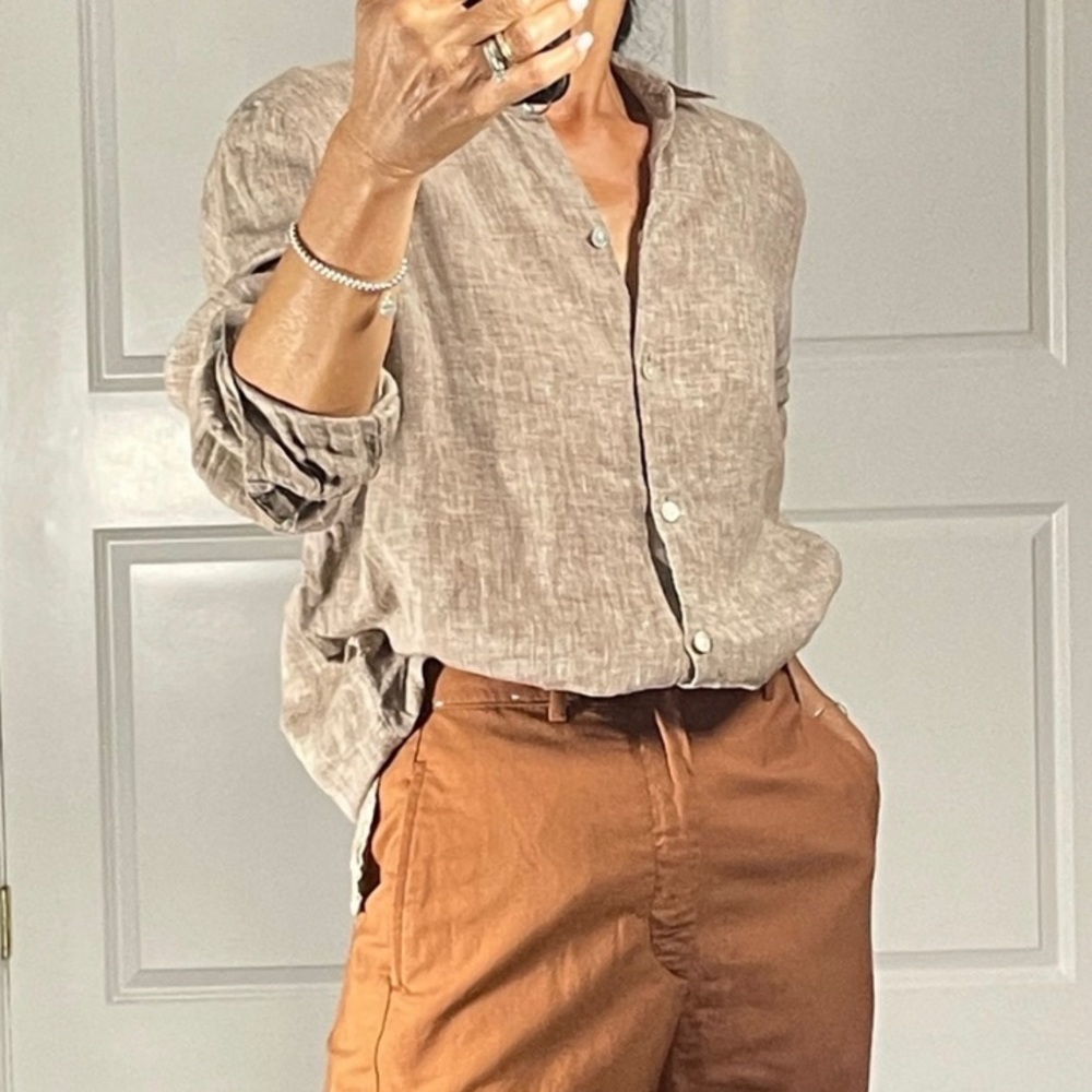 J. Jill 100% Linen Blouse Top M Petite Chambray Beachy Contemporary lagenlook